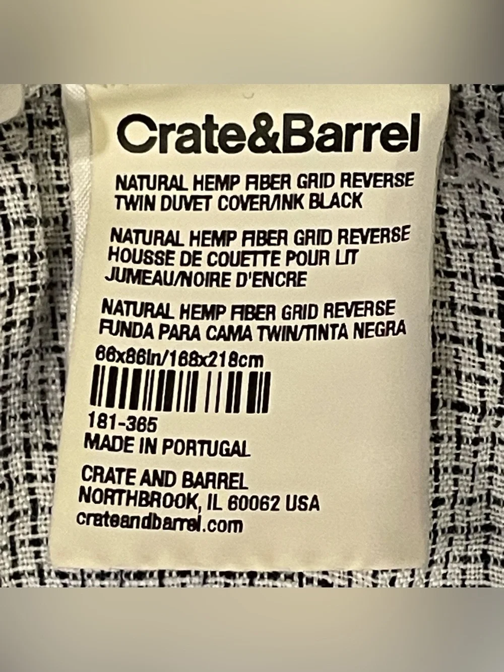 Crate and Barrel Hemp tiny check grey twin duvet cover